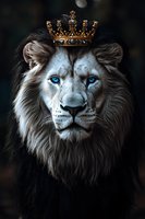 Majestic white lion with piercing blue eyes wearing an ornate golden crown against dark background, dramatic lighting highlights regal mane and facial features.