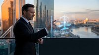 Professional businessman using holographic justice scales interface in modern office overlooking city skyline at sunset for legal technology concepts.