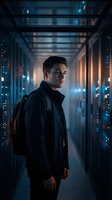 Young Caucasian man in black jacket standing in futuristic data center corridor with glowing blue server lights and modern technology infrastructure.