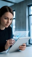 Woman with dark hair, Caucasian ethnicity, wearing black clothing, holding tablet device with digital checkmark and gear icons displayed, working in modern office environment with windows, suitable for business technology and productivity concepts.