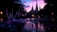 Mystical cityscape with neon financial chart hologram overlay reflecting on wet surface against gothic cathedral silhouette during purple sunset.