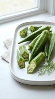 Fresh green okra pods sliced and whole on white ceramic plate with dill garnish for healthy cooking and vegetarian recipes.