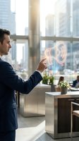 Professional businessman touching glowing megaphone hologram in modern office representing digital marketing and communication technology concepts.