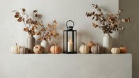 Autumn home decor with pumpkins, dried branches and lantern on neutral shelf creating cozy seasonal interior design for fall decorating.