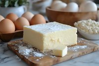 Fresh butter block dusted with flour on marble cutting board, with brown eggs and cottage cheese in background, rustic kitchen setting for baking.