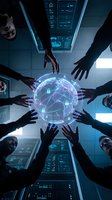 Business team collaborating around holographic brain with security locks in futuristic office environment for artificial intelligence and cybersecurity projects.