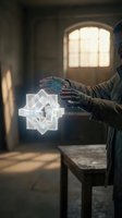 Person with glowing geometric hologram in hands inside abandoned room with arched window and natural light streaming through, depicting futuristic technology and magic.