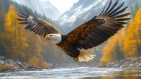 Majestic bald eagle soaring over mountain river with spread wings against backdrop of snow peaks and golden autumn forest, dramatic wildlife scene in nature.