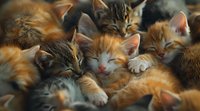 Sleeping pile of ginger and tabby kittens cuddling together, showing peaceful expressions and soft fur in warm natural lighting, creating cozy atmosphere.