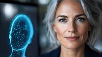 Mature Caucasian businesswoman with silver hair next to glowing blue digital brain hologram representing artificial intelligence and neural networks in modern office.