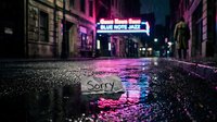 Wet city street at night with a handwritten sorry note on the pavement, neon lights reflecting on rain-soaked ground, moody urban atmosphere.