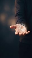 Hand holding glowing spiral orb of light, representing innovation, technology, and digital transformation for business solutions.