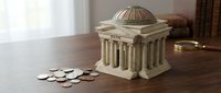 Miniature bank building model with classical columns sits on wooden desk surrounded by scattered coins representing financial savings and investment concepts.