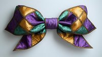 Festive Mardi Gras bow tie with purple, gold and green metallic foil pattern isolated on white background for carnival costume accessories and party decorations.
