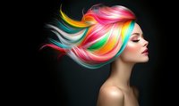 Young woman with vibrant rainbow colored hair flowing in wind against dark background, closed eyes and bare shoulders, representing beauty and hair coloring services.