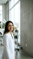 Smiling young Hispanic female doctor in white coat standing in modern medical clinic with large windows and equipment.