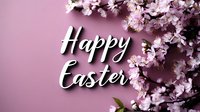 Happy Easter text with delicate pink cherry blossoms against soft pink background, spring holiday greeting card design for seasonal celebrations.