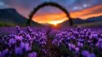 Lavender field at sunset with dramatic sky and mountains. Purple flowers in foreground create romantic landscape scene for wellness and relaxation themes.