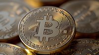 Macro view of golden cryptocurrency coins with shallow depth of field showing fine details and metallic texture in warm lighting for finance and technology concepts.