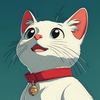 Adorable white cat with big expressive eyes wearing red collar and golden bell against teal background, anime style illustration for children books and greeting cards.