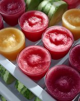Fresh watermelon and cantaloupe smoothies in plastic cups arranged on white tray with whole melons in background, refreshing summer drinks with frothy texture.