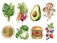 Healthy food ingredients including fresh vegetables, fruits, legumes and burger isolated on white background for nutrition, diet, cooking and wellness design projects.