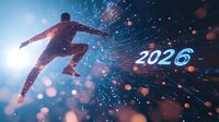 Silhouette of man jumping into futuristic space with glowing particles and number 2026, representing progress, achievement and future goals against blue background.
