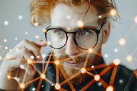 Young bearded man in glasses with glowing network visualization overlay, representing technology, artificial intelligence and digital connectivity. Creative portrait.
