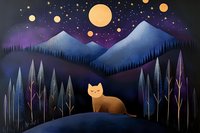 Orange cat sitting on hill against mystical mountain landscape with full moon, stars and glowing orbs in purple night sky, surrounded by stylized forest.