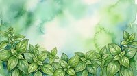 Watercolor basil leaves border on soft green and cream background, suitable for culinary designs, recipe cards, and kitchen decor projects.
