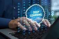 Businessman hands typing on laptop with deep learning neural network holographic interface overlay for artificial intelligence technology concepts.