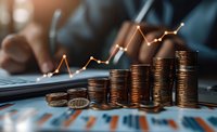 Stacked gold coins showing increasing financial growth with rising graph chart in background. Business person analyzing investment data on digital screen.
