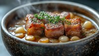 Succulent braised pork belly with pearl onions in rich brown sauce, garnished with fresh herbs, served in rustic ceramic bowl. Close-up food photography.