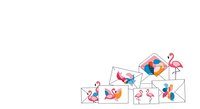 Isolated colorful envelope mail clipart with flamingo, geometric shapes, and abstract elements on white background for design projects.