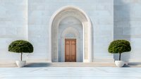 Elegant arched entrance with ornate white marble facade, wooden door, and symmetrical topiary trees in decorative planters on marble steps. Classical architecture.