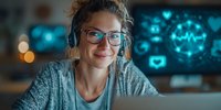 Young Caucasian woman with glasses smiling while working on computer with digital health icons and medical data visualization in background at night.