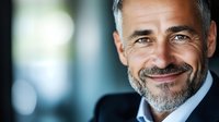 Confident mature businessman with gray hair and beard wearing black suit smiling at camera against blurred office background with bokeh lights.