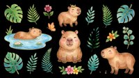 Cute watercolor capybara clipart set with tropical leaves and flowers, isolated on transparent background. Great for stickers, t-shirt design, and print on demand.