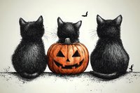 Three black cats sitting with carved pumpkin jack o lantern, halloween artistic illustration in pencil sketch style on light background with flying bat.