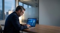 Middle-aged Caucasian businessman in dark suit working on laptop with data analytics dashboard in modern office with city skyline view during evening hours.