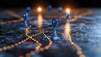 Blue location pins on illuminated world map with glowing connection lines showing global network and business communications at night with bokeh effect.