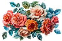 Beautiful coral and peach roses bouquet with teal leaves arrangement, perfect for wedding invitations, greeting cards and romantic design projects.