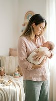 Young Caucasian mother in pink shirt tenderly holding newborn baby in cozy nursery room with rainbow wall decor and natural lighting for family lifestyle.