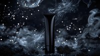 Mysterious black cosmetic tube with ethereal smoke and sparkles on dark background. Luxury skincare product photography for beauty and cosmetics advertising.