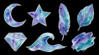 Watercolor galaxy moon star diamond feather wave brush stroke isolated on transparent background, ready for t-shirt design, clipart, stickers, sublimation and print-on-demand projects.