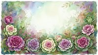 Watercolor floral border with pink, purple, and cream roses surrounded by green foliage and soft splashes, isolated on white background for design projects.
