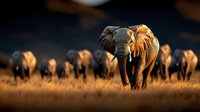Majestic African elephant herd walking through golden savanna grass at sunset, dramatic lighting illuminates their powerful silhouettes against dark background.