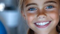 Close up portrait of young Caucasian girl with bright blue eyes and radiant smile showing white healthy teeth against blurred background. Natural lighting enhances facial features.
