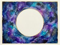 Cosmic watercolor frame with vibrant galaxy nebula in purple, blue and teal hues surrounding blank circular space for text or design elements.