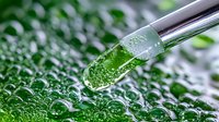Metallic tweezers holding green transparent gel capsule with water drops background, macro photography showing texture and reflection for pharmaceutical concept.